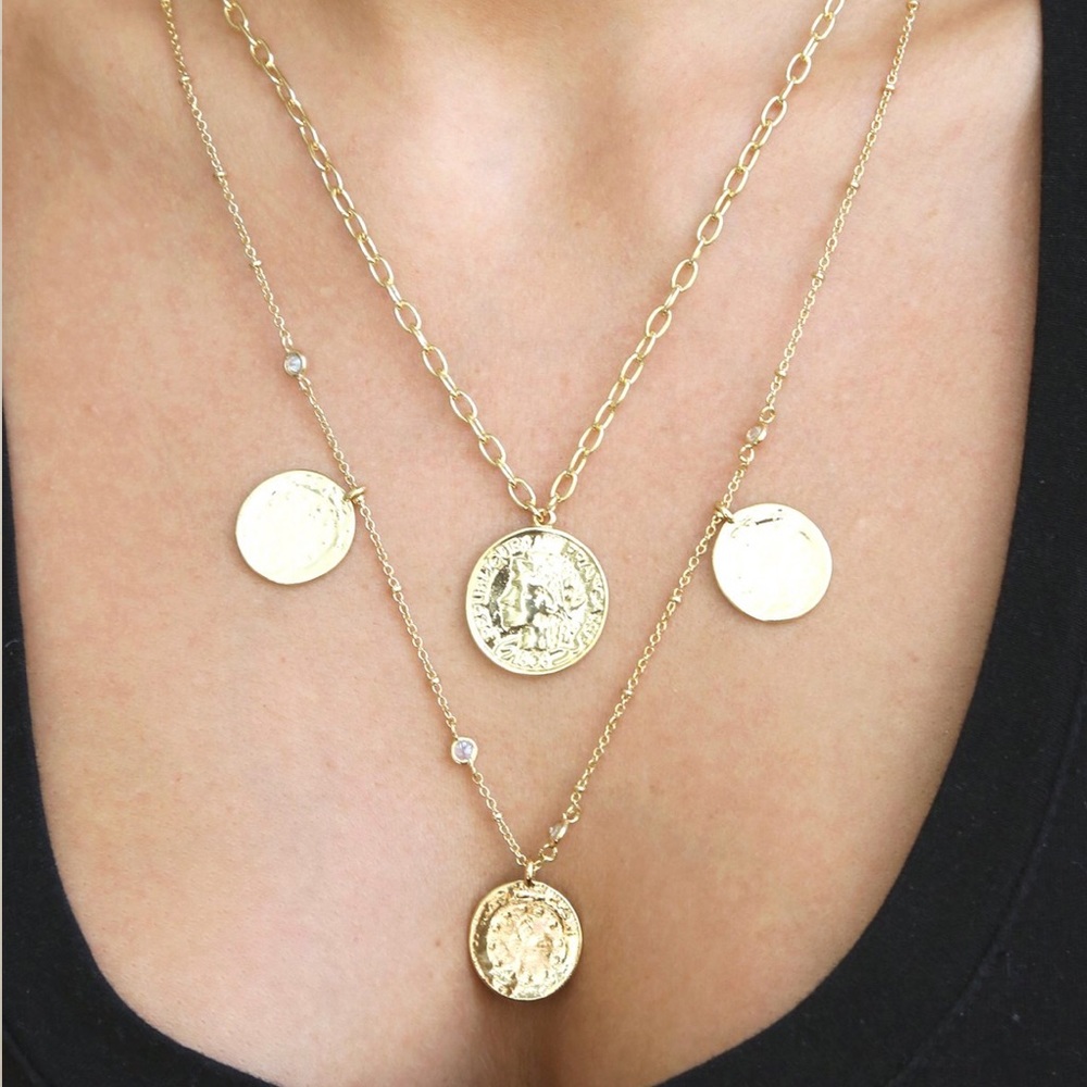 Coin & Crystal Layered Necklace 18k gold plated